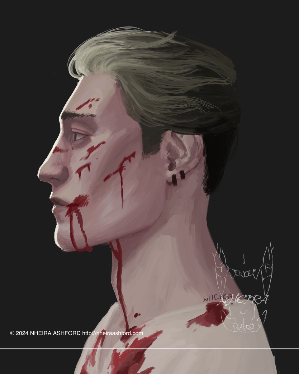 A portrait of a character facing the right. He has dark blonde hair that is swept back and there is blood spattered on his face and clothes. He wears an off-white shirt. 