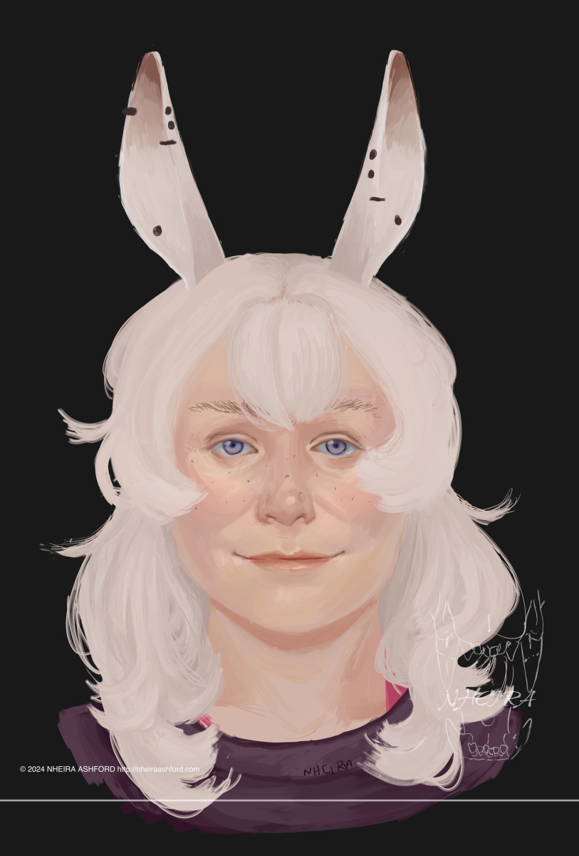 A portrait of a girl with long white ears that are tipped brown; both have multiple piercings. Sheis facing the viewer with a smile on her face, with soft gray eyes; she has a smattering of freckles and thin brows. Her hair frames her face on both sides with a wavy quality to it; its an off-white.