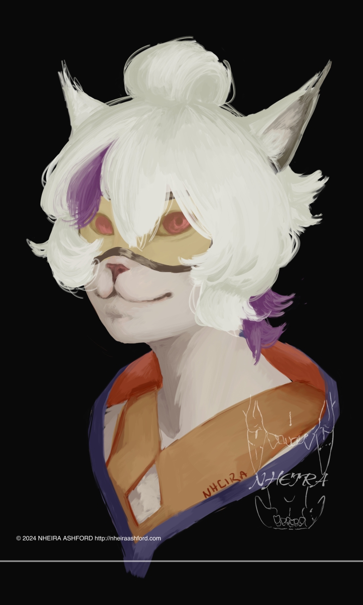 A portrait of a cat-like character that has fluffy white ears and hair tied up in a bun. She wears orange/yellow tinted goggles over her eyes. She dons a burnt orange top that has a diamond cut into it. Her fur is a shade of white similar to her hair but slightly darker. 