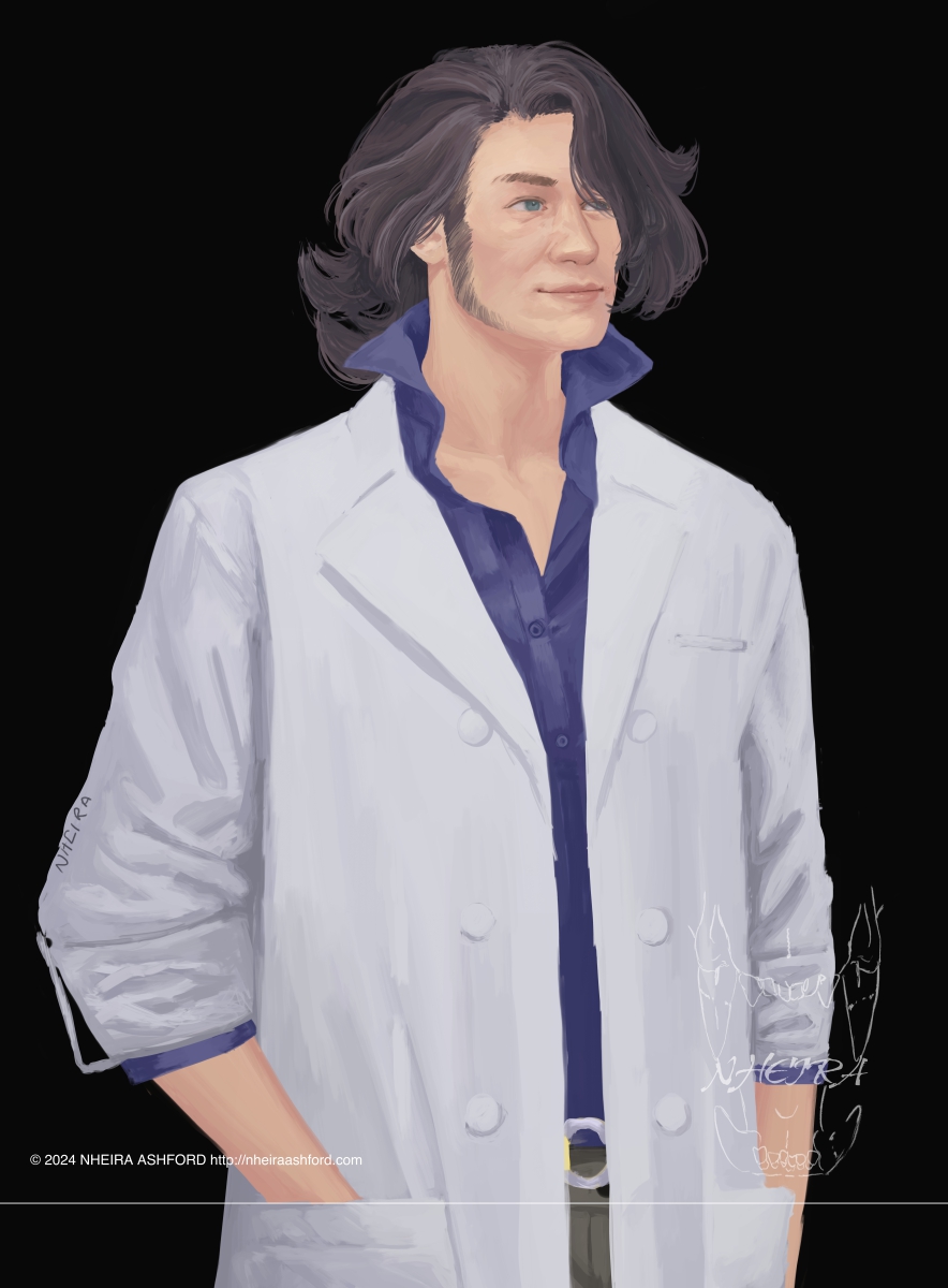 A knee up portrait of Professor Sycamore from Pokemon. He's wearing a traditional style labcoat with his signature violet collared shirt. He has a content expression and is looking somewhere to his left.