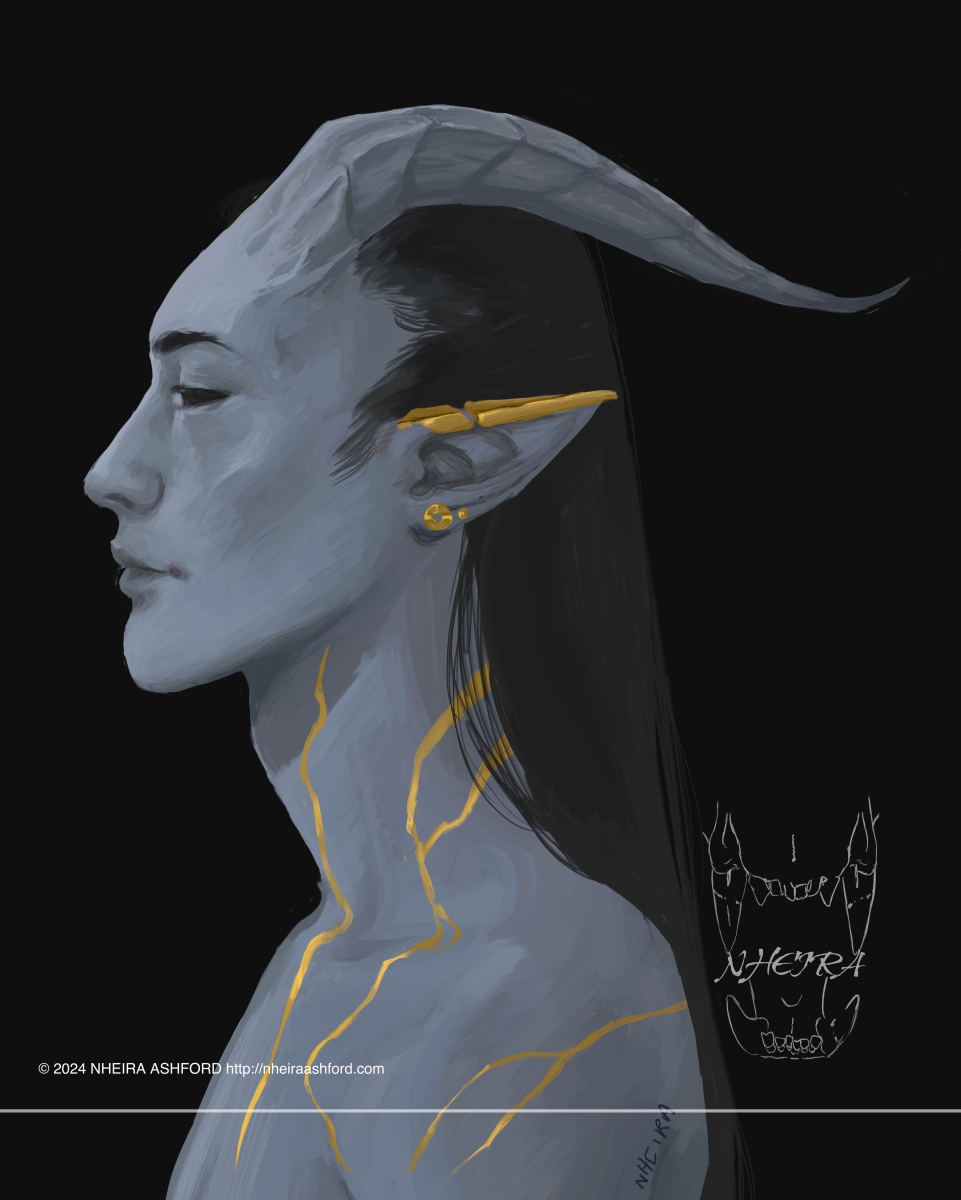  A portrait of a kintsugi tiefling. He has non-reflective long black hair and eyes with slate blue skin with gold cracks along his neck and shoulders. He is drawn in a side profile with only one of his horns visible.