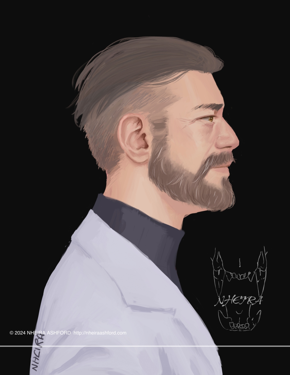 A portrait of Professor Turo from pokemon. The sides of his head are shaven and the center part of his hair is longer. The long part of his hair is swept back. He has a content expression on his face. He's wearing a regular lab coat and underneath that, his canon 'jumpsuit'.