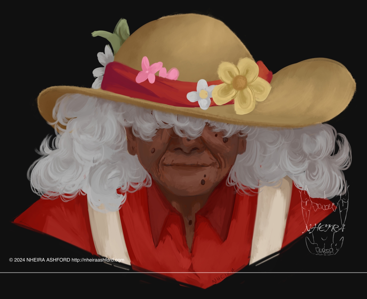 A portrait of an older lady wearing a sunhat. She has long silvery white hair that falls in dense curls. Her outfit consists of off-white overalls and a bright red shirt that matches the band on her hat.