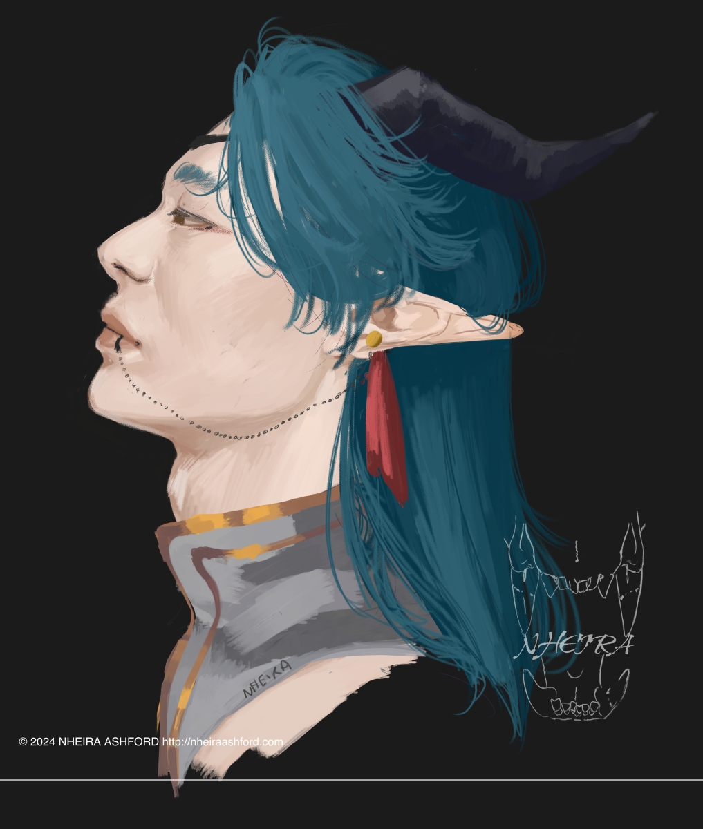 A portrait of a humanoid dragon character that is looking up. His horns point towards the back of his head, their bases covered by his dark teal hair. He has considerably pale skin that is lit in broad lighting, his eye halfway open. This character wears a single red tasseled earring attached to a gold stud. 
