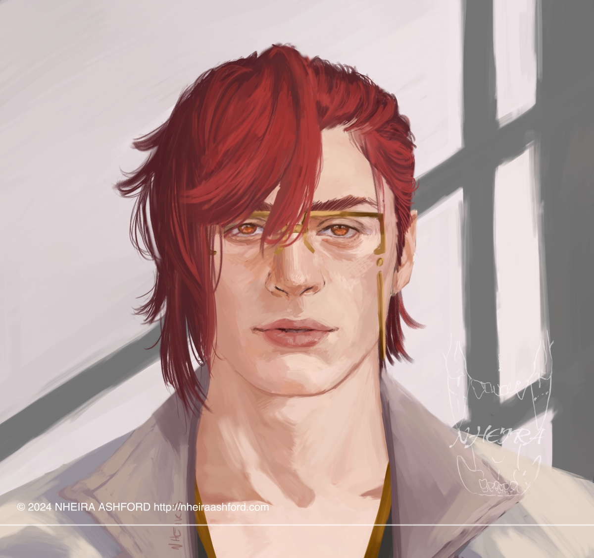 A portrait of Mortefi from Wuthering Waves. He's lit by natural light from a side window. The character has bright red hear and wears gold rimmed glasses, with matching orange colored eyes.