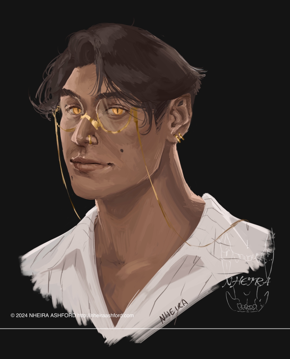 A portrait of a woman with gold half-rimmed glases and short brown hair. She has cat-like orange/amber eyes and wears a white pinstriped collared shirt.