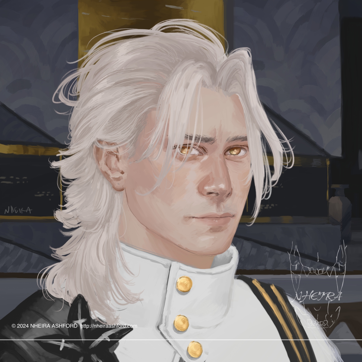 A portrait of Aalto from Wuthering Waves. He is posed in the 3/4th angle; he is currently without his sunglasses. The background is a redrawing of what looks like a futuristic laboratory.