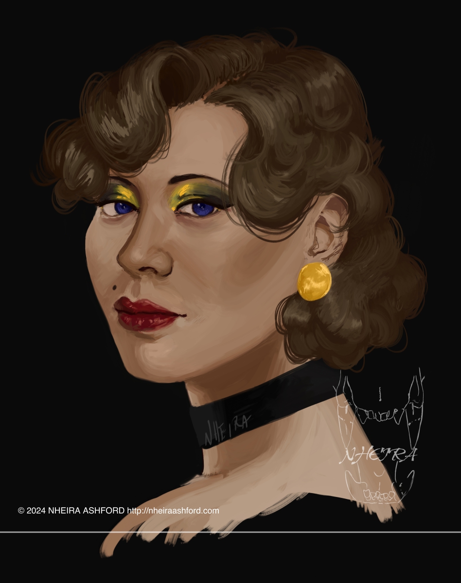 A portrait of a woman who is posed in the three quarters angle. She has black and gold eyeshadow, accompanied by dark red lipstick. Her accessories consist of large circular gold earrings and a simple black choker.