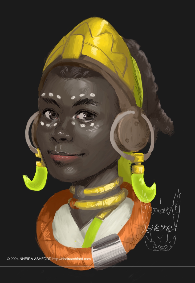 A portrait of Efi Oladele from Overwatch 2. She is looking towards the viewer with a big smile on her face. She wears her usual in-game outfit, headgear included. All around her are small paint color swatches for each component of her portrait.