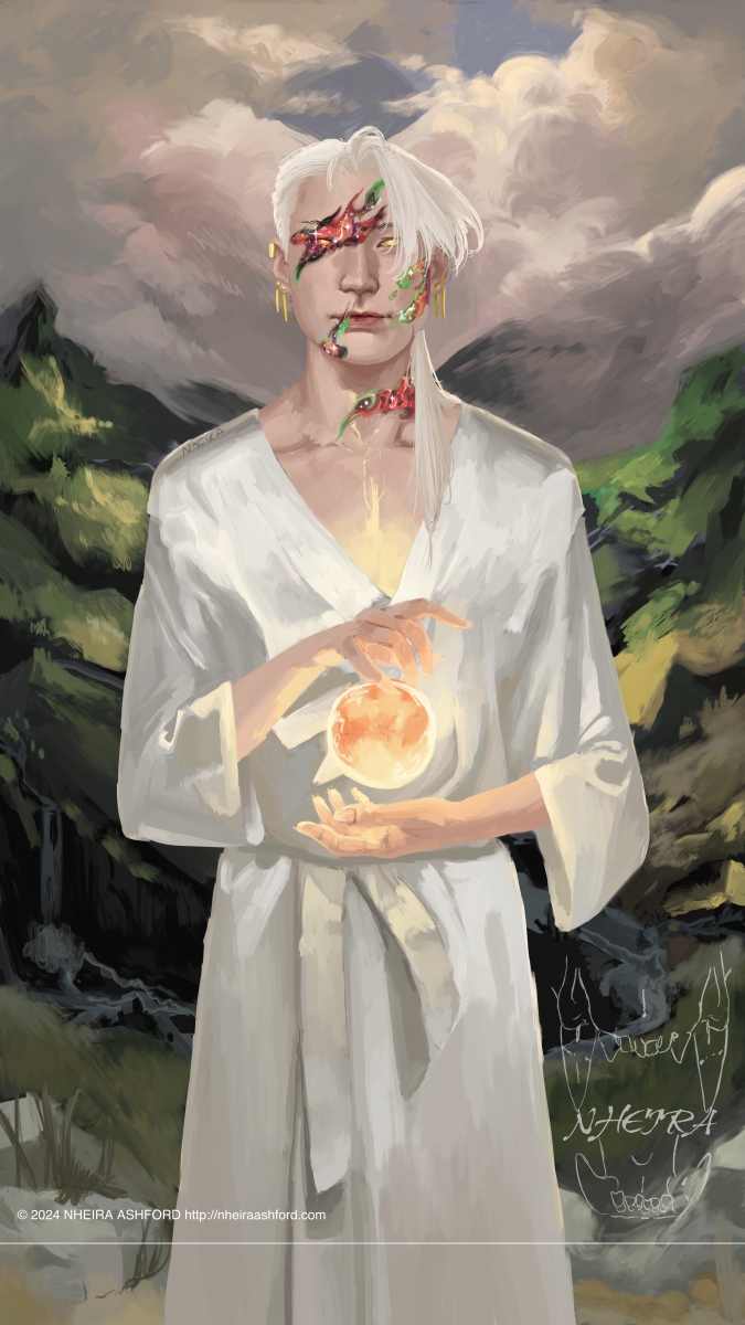 A knee up portrait of a character with light colored hair and stars on his face, a glow centered in his chest. He wears a super low cut white silk robe. He wears four earrings and a cuff on his right ear. Behind him is a low valley with high mountains on either side, clouds covering the entire sky. Only thin strips of light make it totally through. 