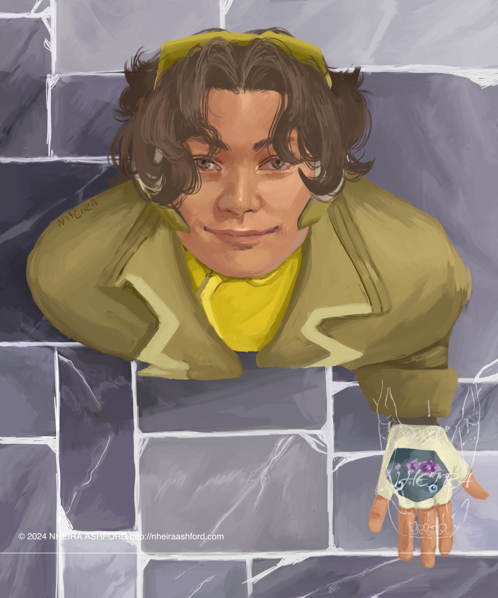 A rendered portrait of venture from Overwatch. They are looking up at the viewer ( the camera, so to speak ) at a top-down view ( camera facing down directly overhead ). They are holding their pet rock named Rosetta.