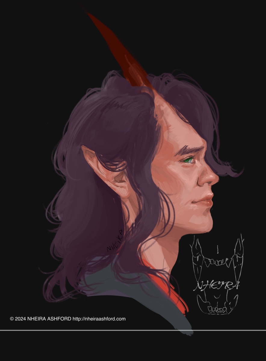 A portrait of a character that has very dark hair with pinkish skin and green eyes. There are two horns protruding from his temple that are a deep magenta color. He's posed in a side profile, glancing towards the viewer. 