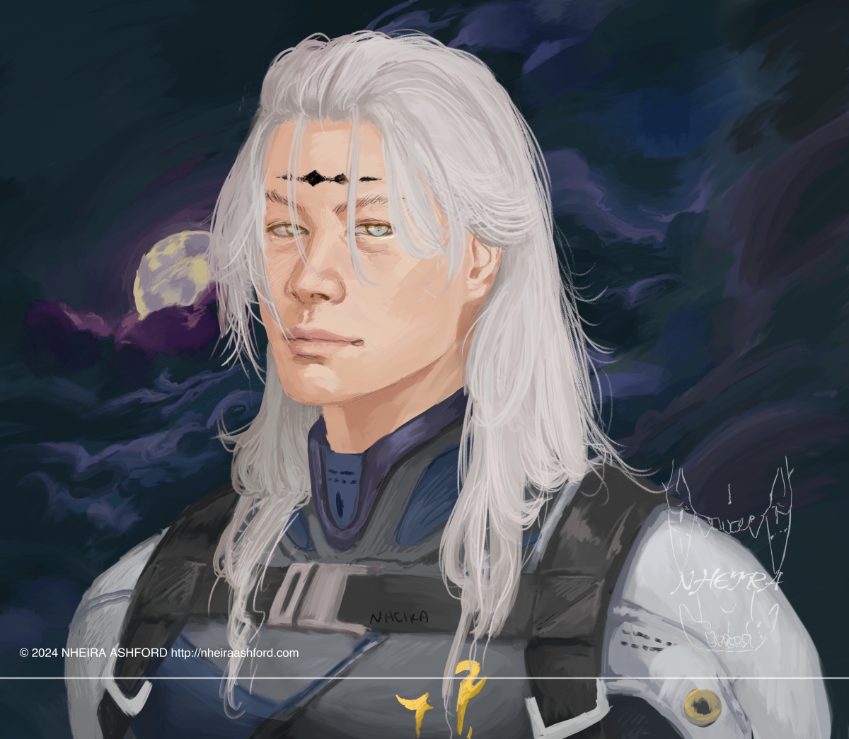 A portrait of calcharo from wuthering waves. He is in a three quarters pose. Behind him is a moonlit, cloudy sky that is very low in opacity. This character has silvery white hair and his eyes are the same. His outfit is a combination of whites, grays, purples and very deep desaturated blues.