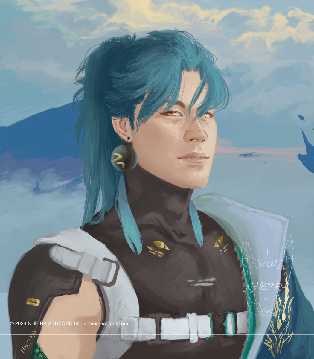 A portrait of Jiyan from Wuthering Waves. He is pictured standing up on a mountain top, above the clouds. Posed in a three quarters angle, is he looking towards the viewer. His hair is tied back, giving a good view of his face and tassel-ended earings. 