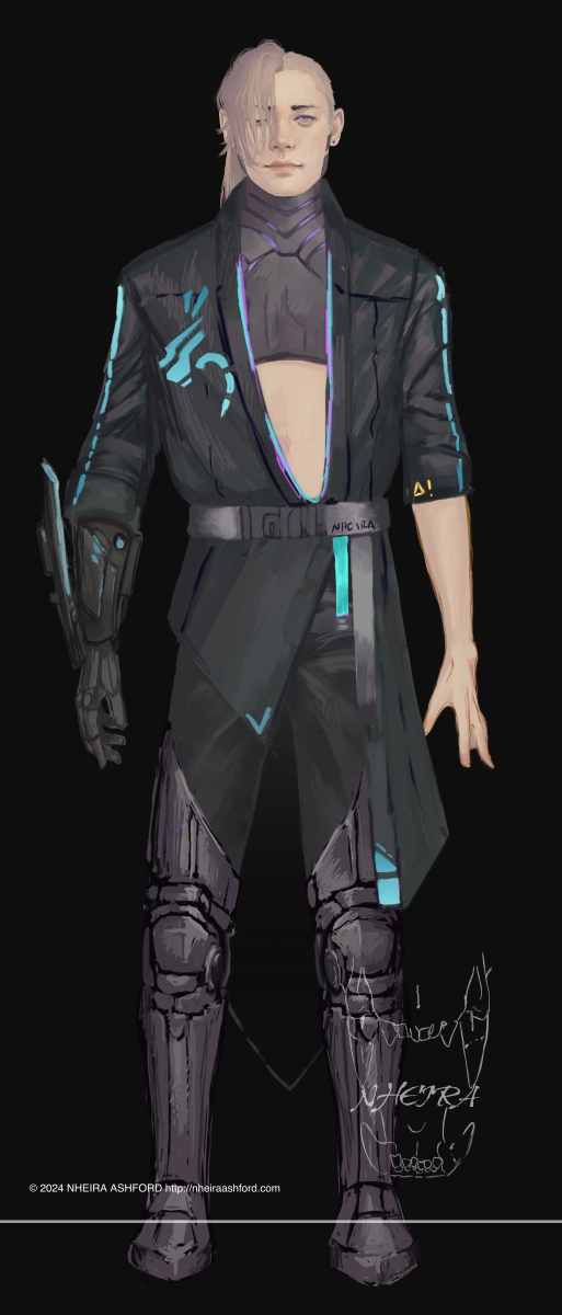 A fullbody portrait of a cyborg character. He has two mechanical legs that are more visible than in the previous design, his right arm is visibly robotic while his left arm is clearly human. His coat hangs open partway, held shut towards his left hip by a utility belt. In this drawing, he is standing plainly with both arms at his sides, hands free.