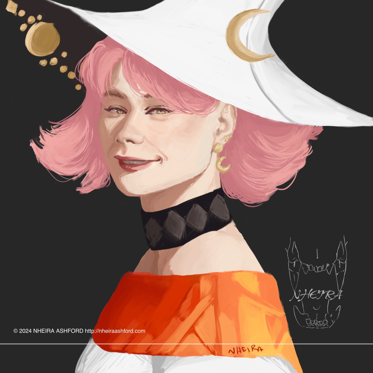  A portrait of a pink haired witch character. She wears a stained-glass style top that ranges from dark red to a bright orange. Atop her head sits a gray witch hat adorned with moons and stars. She is smiling and looking towards the viewer while posed in a three quarters profile.