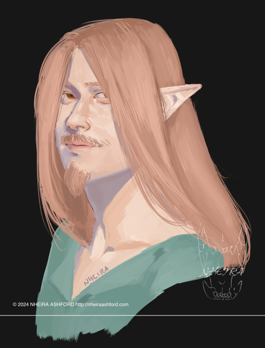 A portrait of a man with long strawberry blonde hair. He has pointed ears and a goatee style beard. The only visible part of his clothing is a teal colored shirt that is designed like a renaissance peasant shirt.