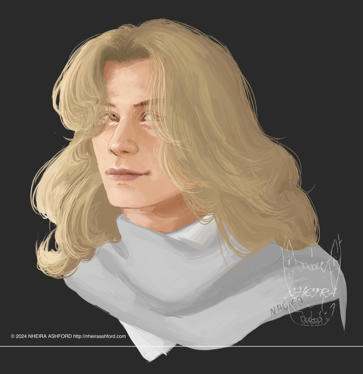 A portrait of a light skinned man with long wavy blonde hair. He has dark brown eyes with gold encircling the irises. He wears a light gray scarf with a white shirt underneath. He is looking towards the viewer, posed at a three quarters angle.