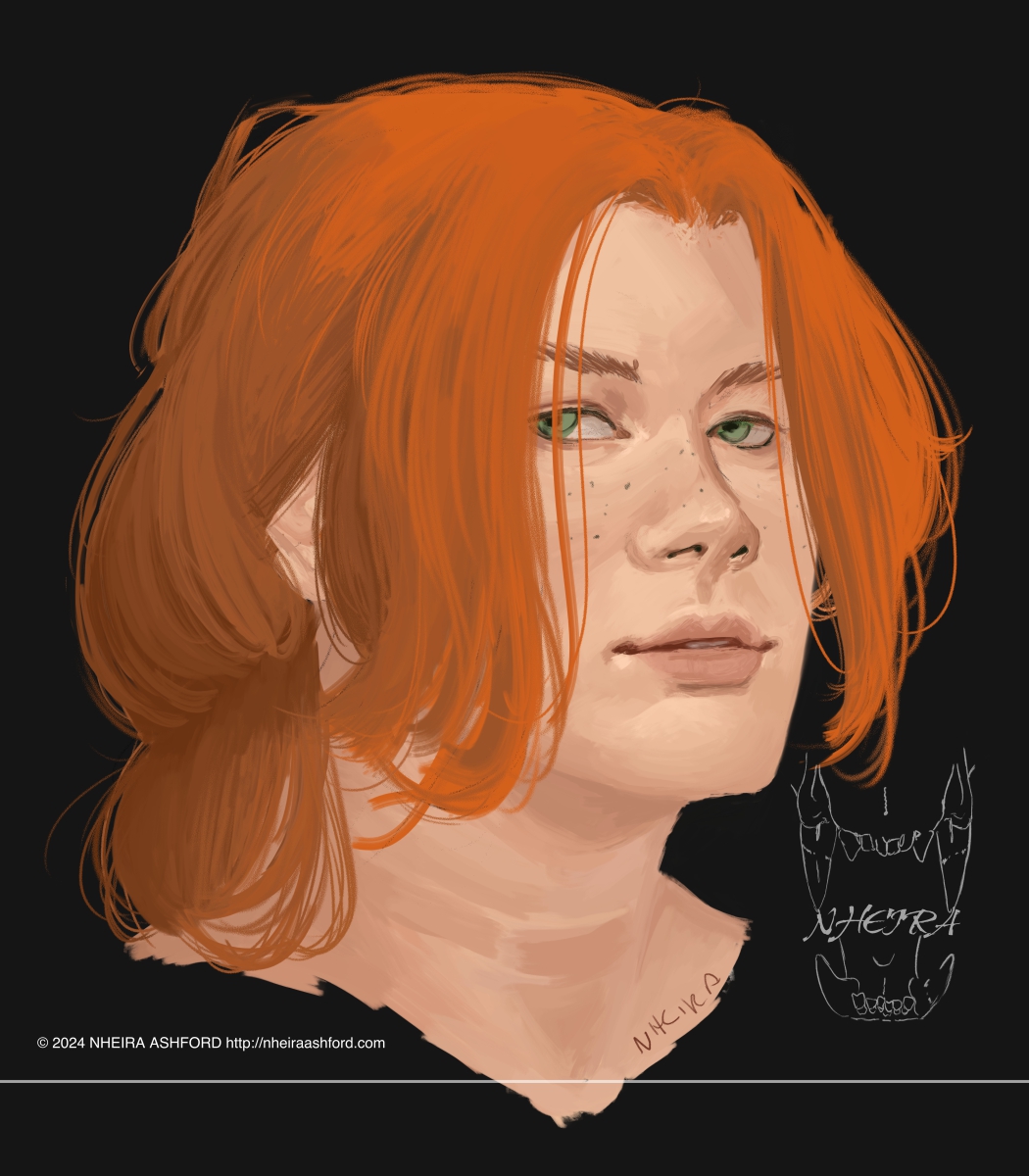 A portrait of a redheaded lady with light green eyes and freckles. She is looking slightly towards the viewer, posed at a three quarters angle.