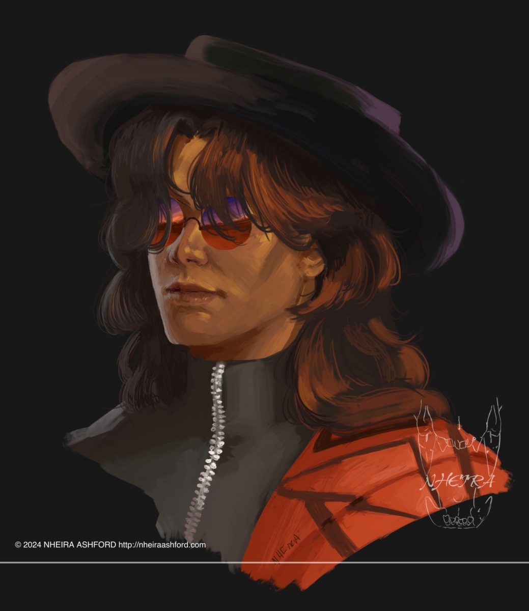 A portrait of a character with long wavy black hair thats tinted orange, along with caramel colored skin that's also tinted orange. He wears a flat topped black hat. He wears circular sunglasses that reflect a sunset.