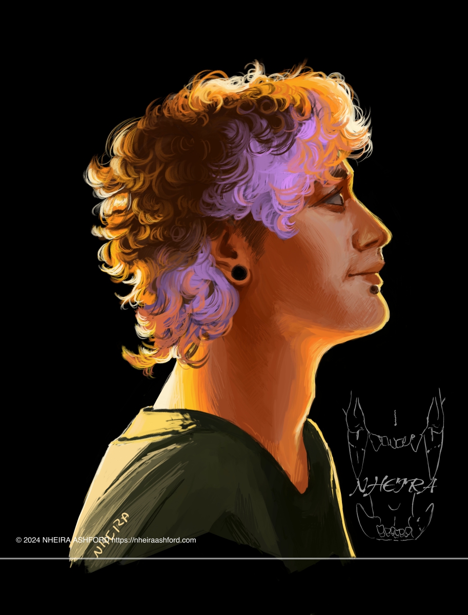 A portrait of a character lit in rim lighting / gold hour light. It gives his skin a glowing look. He has purple coloring on his bangs and the back of his head at the bottom, blending in with the natural dark brown color. He wears a dark olive green shirt. He has two visible piercings; an ear plug in his lobe and stud piercing on the bottom lip.