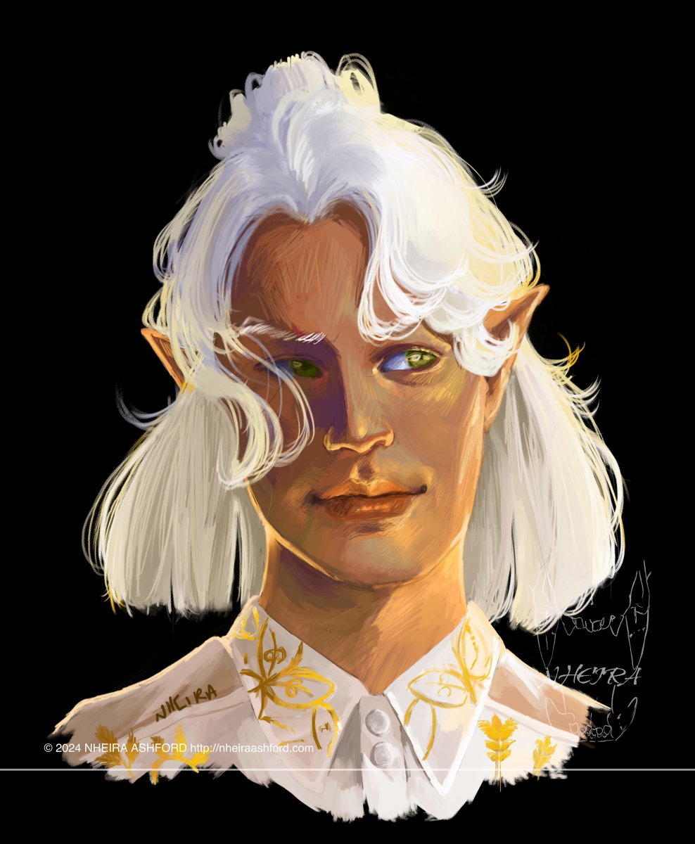 A portrait of an elf character with white hair partly tied up in a bun. He has green eyes and is lit by golden light on both sides of his face at different angles. He wears a partly transparent white shirt that is decorated with golden embroidery. 