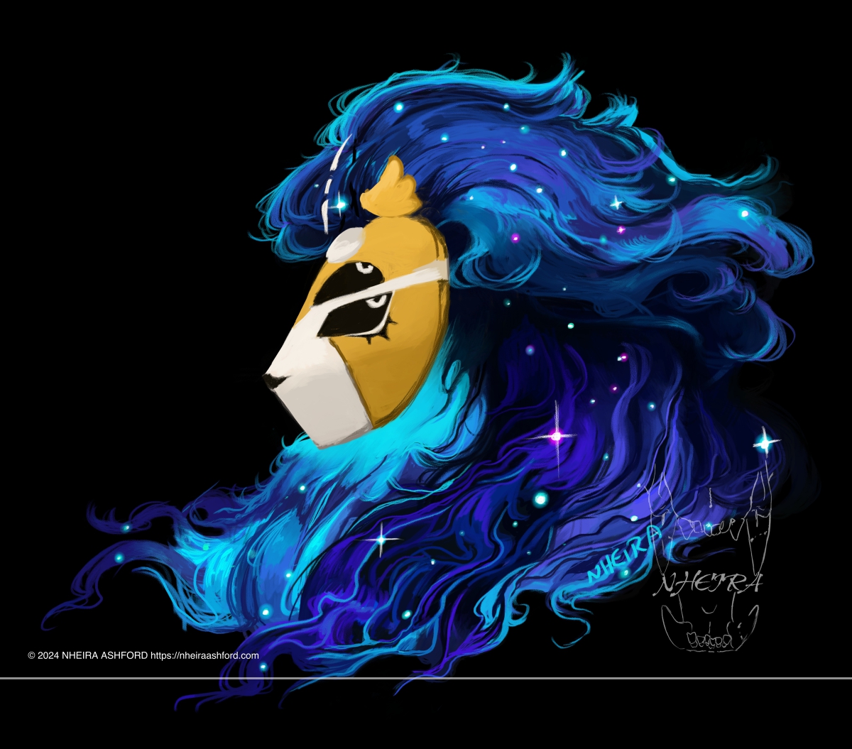 A portrait of a masked character with a flowing mane that resembles smoke and fire at the very ends. The mask portion is an off-white and vibrant yellow with two sets of eyes.  The mane is dotted with stars. The entire mane's design is based off of nebulae and galaxies, swirling around, resembling the real thing more than actual hair or long fur.