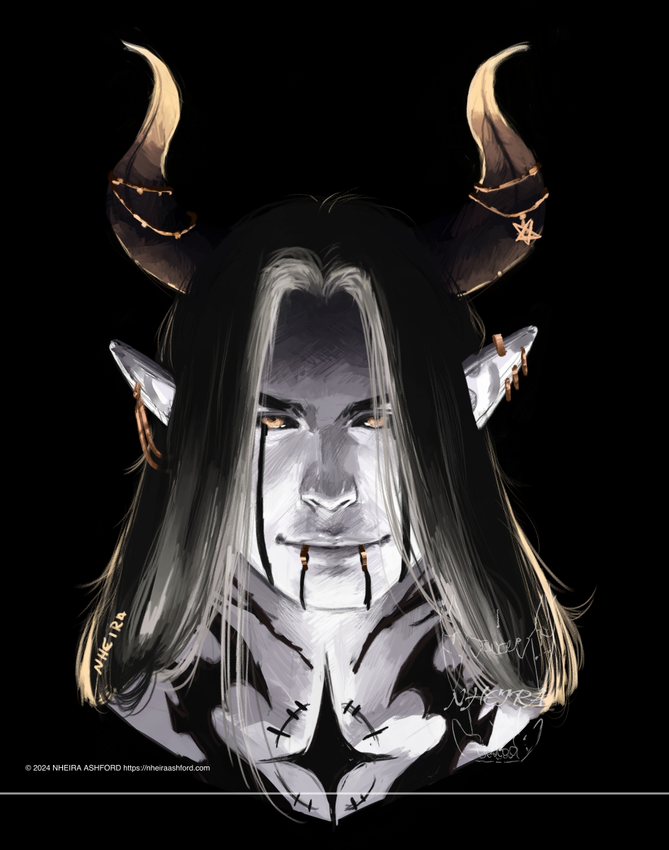 A portrait of a demon with glowing golden eyes and gold tipped horns. He has long black hair that's accented in pale yellow light. His skin is a gradient; a dark, heavily desaturated purple at the very top of his forehead and a stark white by the time the viewer reaches his chin. His facial markings consist of four stripes; one on each cheek and two on his chin. His central tattoo on his clavicle is a star shape.