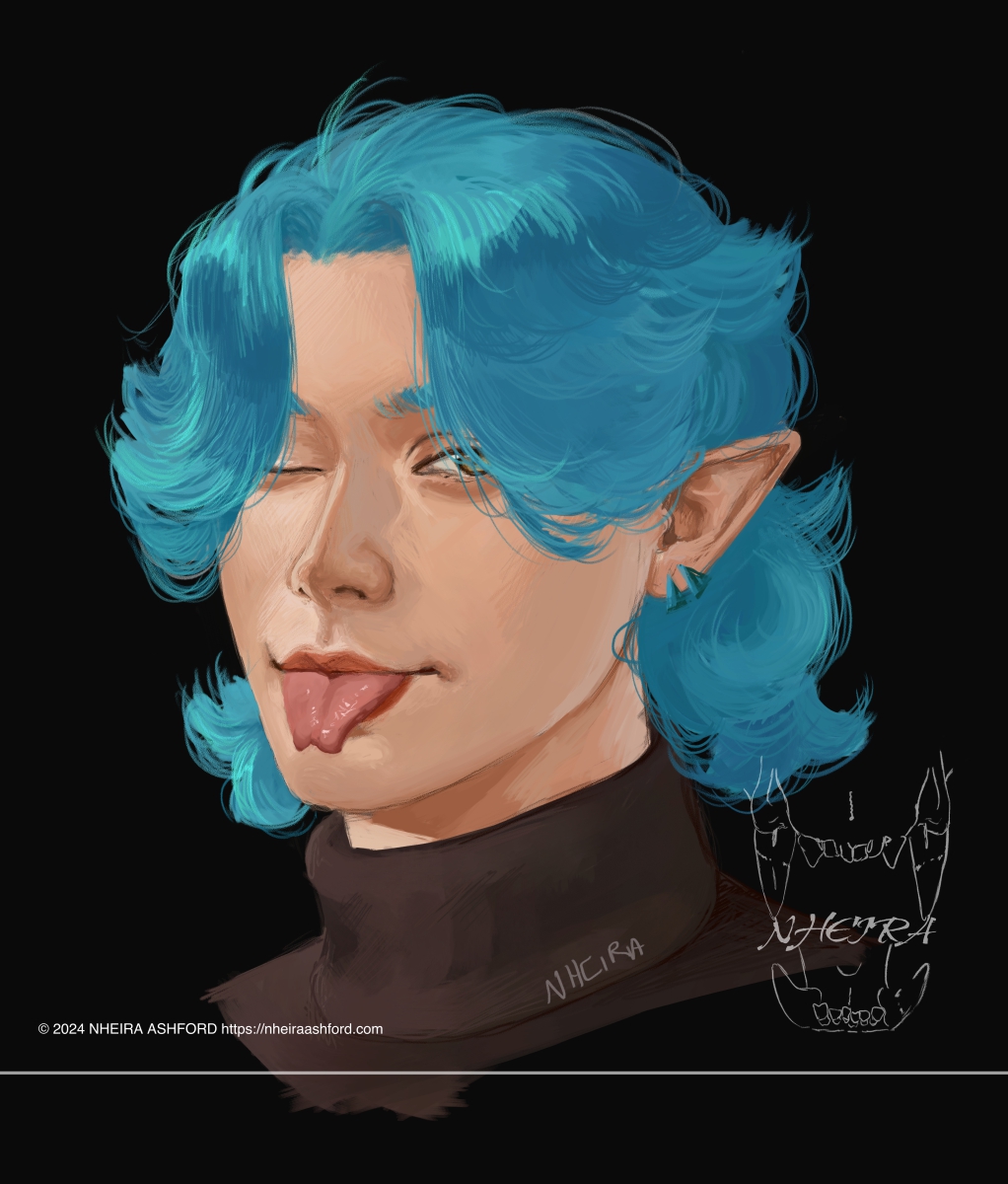 A portrait of a character sticking their tongue out. He has bubblegum blue hair and golden eyes with pointed ears. His tongue is split like a snake's at the tip. He's wearing a dark brown turtleneck sweater.