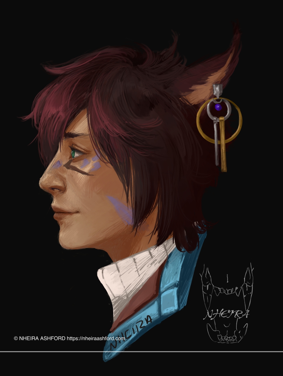A portrait of a miqo'te with short reddish hair. He's wearing a single earring that has a bar and circle design in gold and yellow. His wardrobe consists of a white turtleneck shirt and an out-turned coat collar; teal and brown.