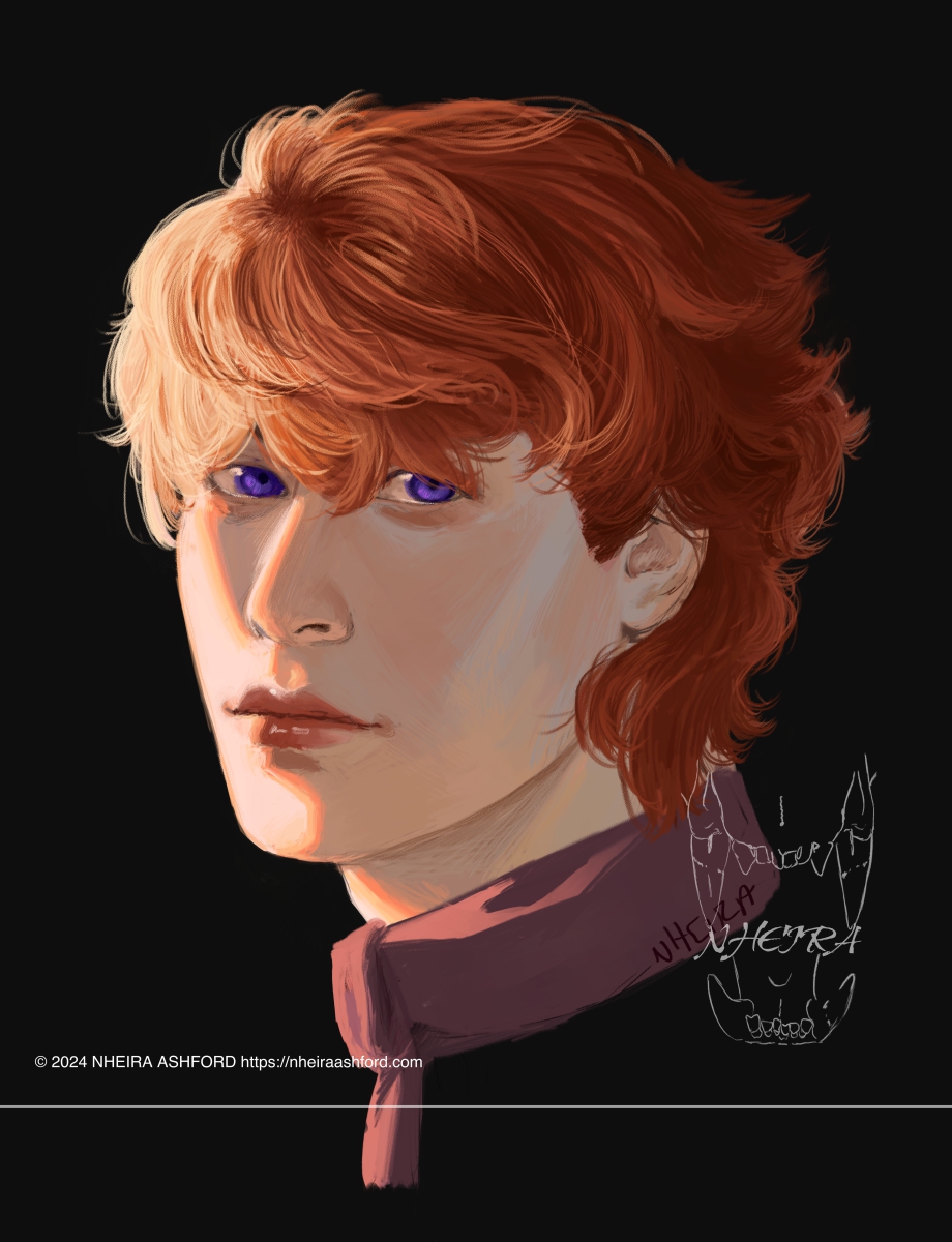 A headshot of a redheaded character with dark purple eyes. The only visible part of his wardrobe is a muted red scarf. He is lit in dramatic lighting from the side, only a quarter of his face lit this way. He has a neutral expression.