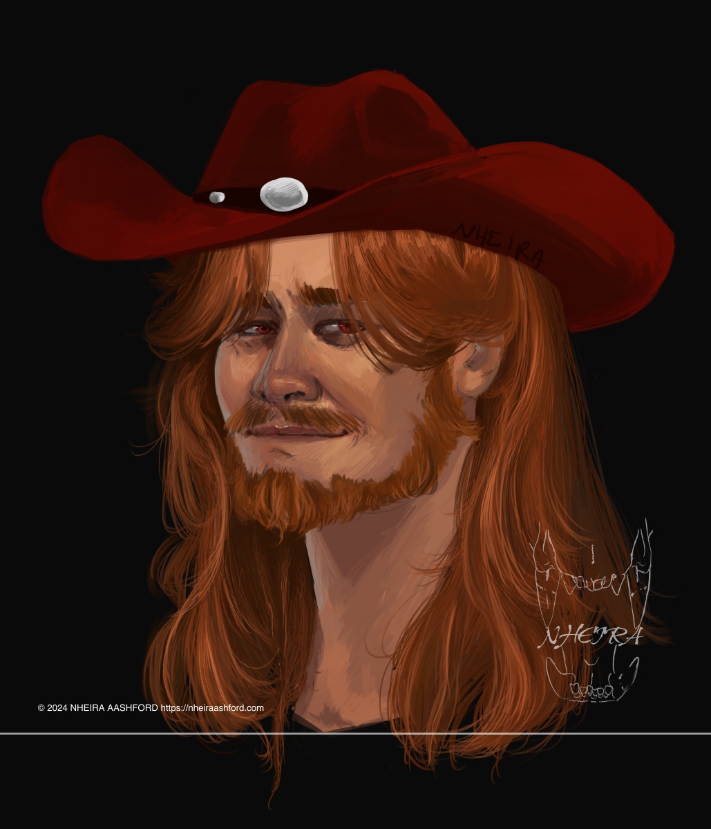 A portrait of a redheaded man with matching facial hair ( mustache and beard ). His hair is long and voluminous. He has deep red eyes and a smile on his face. In this version he wears a red cowboy hat with silver embellishments.