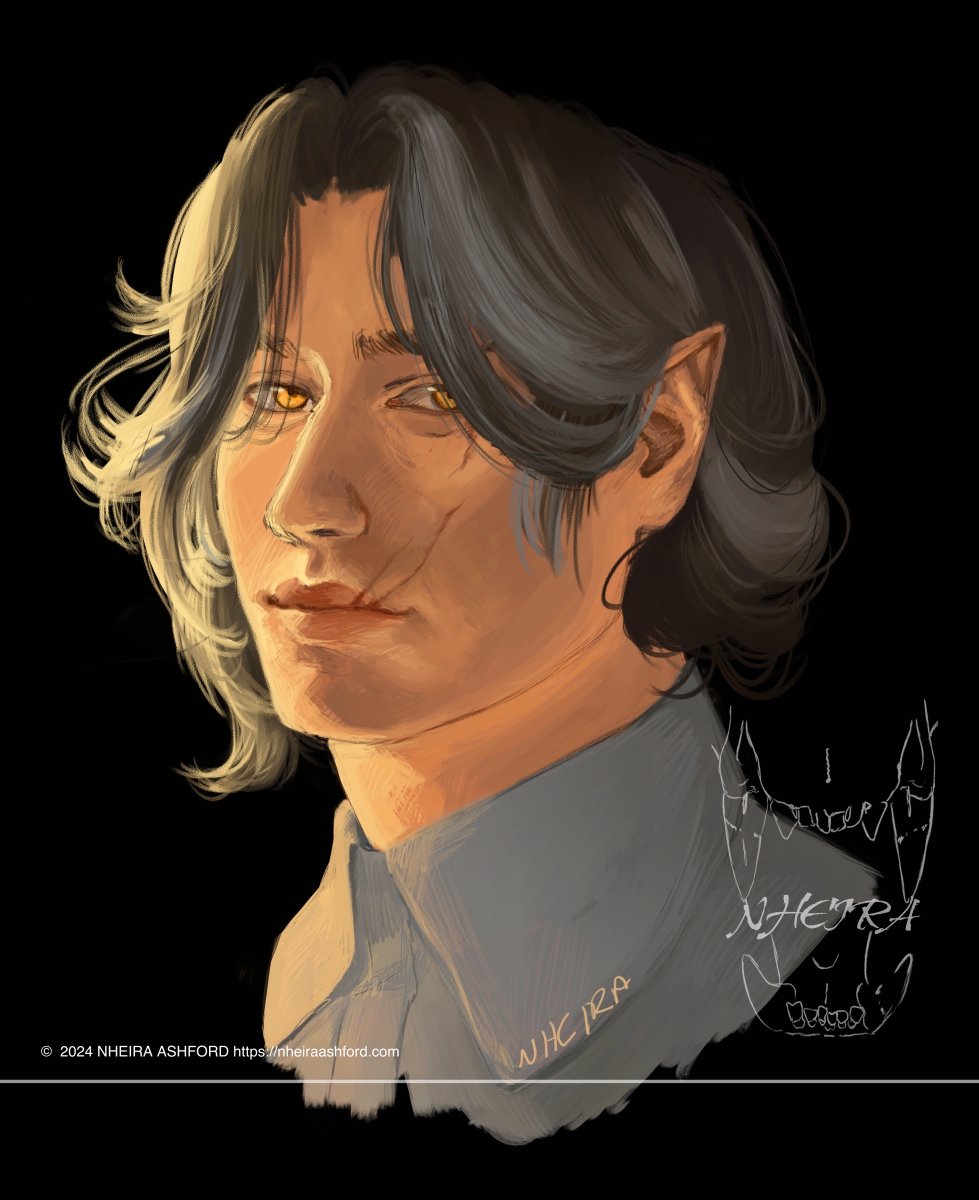 A portrait of a character in the three quarters angle. His eyes are a bright gold. His hair is long but tied up in the back in a loose bun and he has two ( currently ) visible scars. Its gray streaked with lighter grays.  He is lit in golden hour lighting on one side of his face.