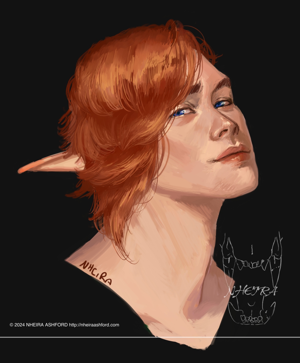 A portrait of a redhead character with dark blue eyes. He is posed at a 3/4th angle and his head is tilted up slightly, his eyes pointed at the viewer. He has a very slight smile on his face. One long ear protrudes from his side swept hair.