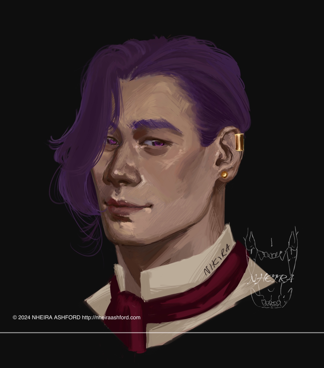  A portrait of a purple long haired character. He has magenta eyes and purple brows/hair with caramel colored skin. He has a slight smile on his face. He wears an old styl collared shirt with a deep burgundy tie wrapped around it.