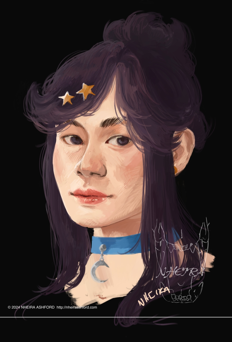 A portrait of a girl with long hair tied up in the back. She has dark purple-ish, desaturated hair and gray heterochromatic eyes. She wears two star hair pins and a crescent moon choker style necklace with a blue ribbon. She's posed in the three quarters angle.