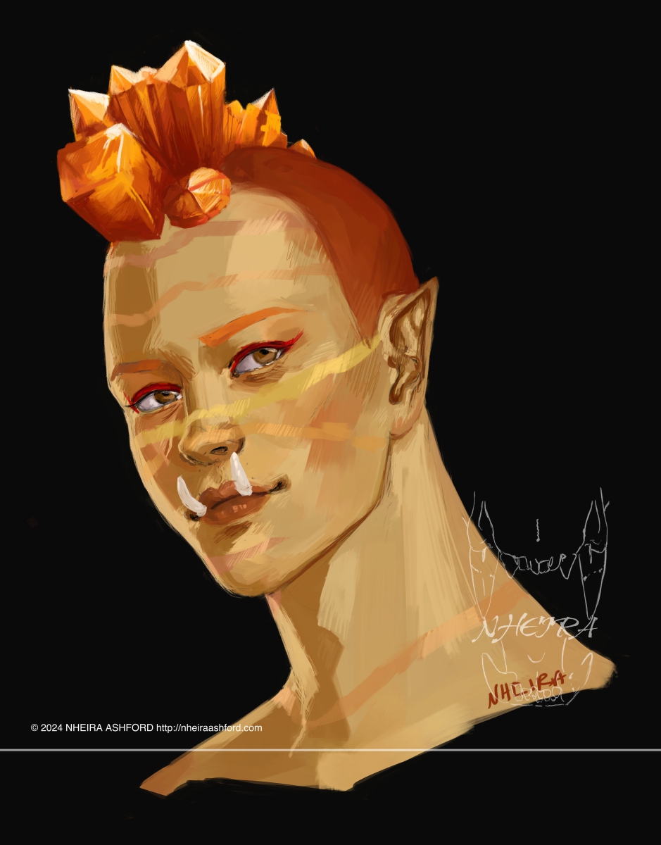 A portrait of a character that has large and small pillar shaped crystals in place of hair, styled like a mohawk. She has deep brown eyes and pointed ears. She has a smile on her face and looks content.