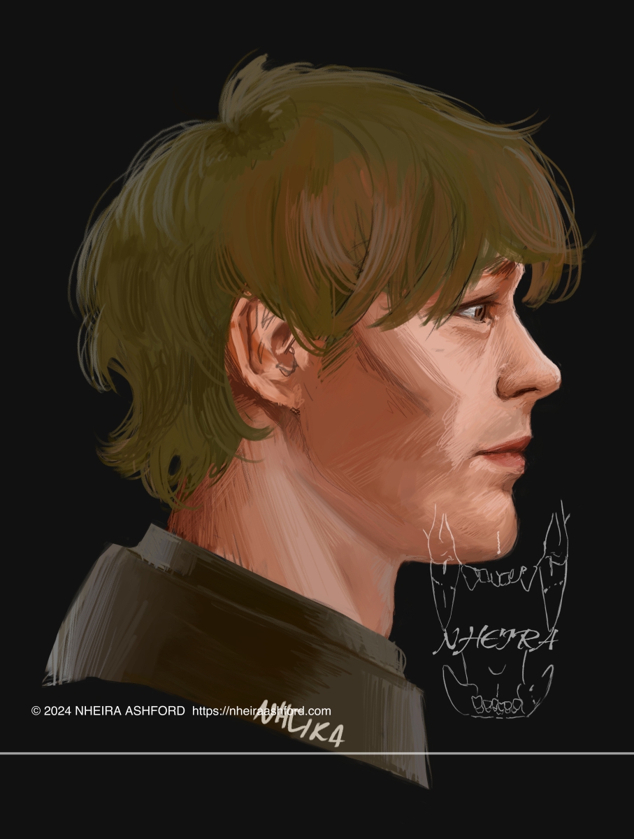 A portrait of a man in a side profile. He is facing to his left. He has short fluffy hair and a pensive expression. His hair is a greenish blonde color whilst his armored collar is a deep olive shade. 