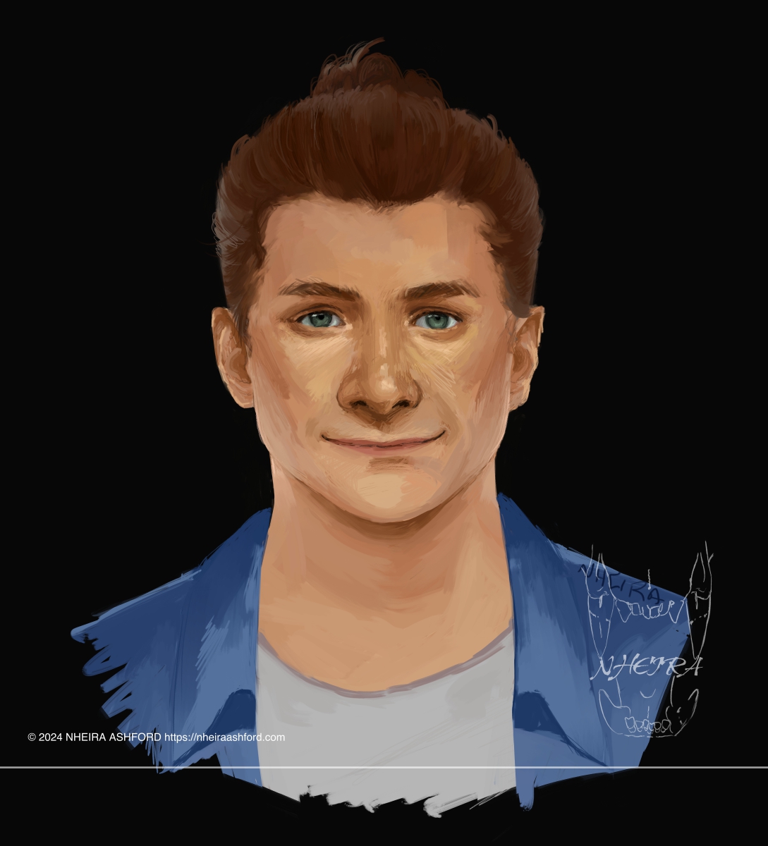 A portrait of a man that has long brown hair tied up in a bun. He has gray-green eyes with faint catch lights. He has a light smile on his face and he looks fairly content. He wears a white shirt and a blue collared shirt over that.