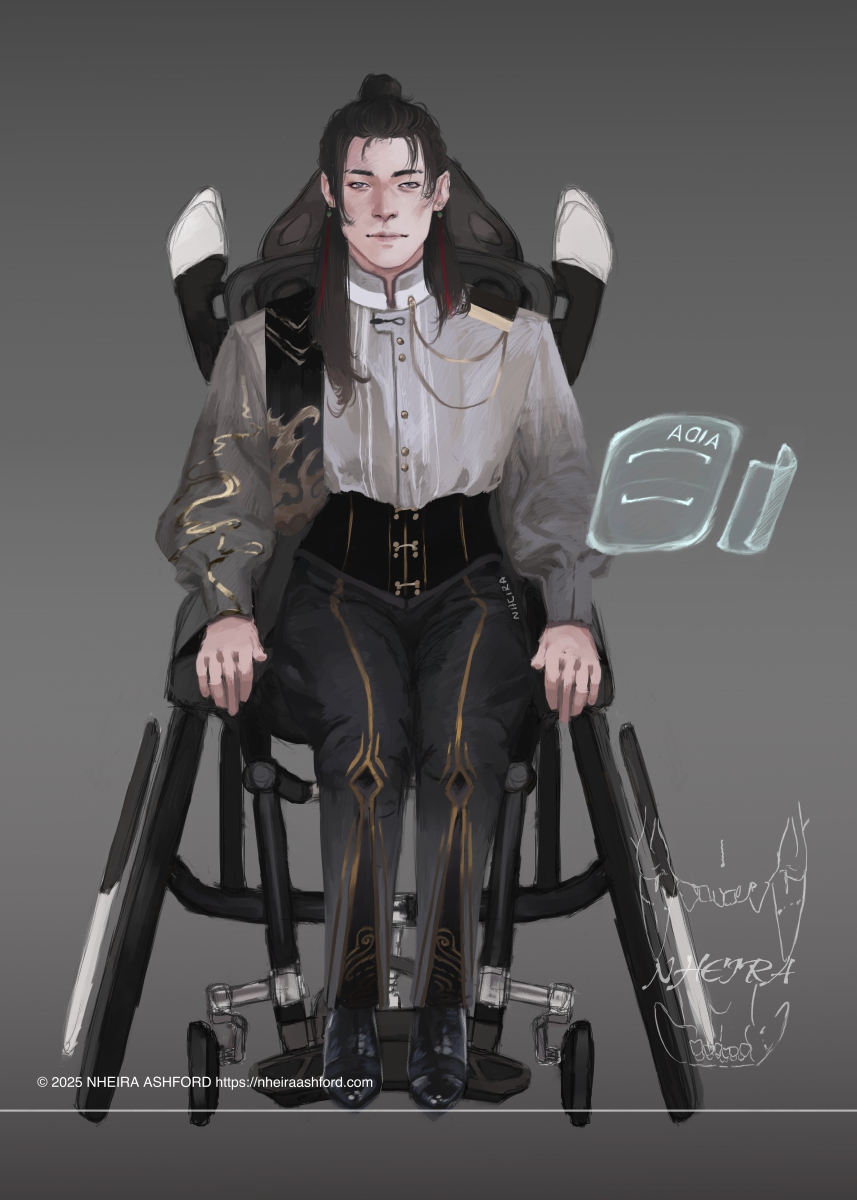 A fullbody portrait of a man sitting in a wheelchair. He wears a high collared shirt that has gold decoration on one arm. The sleeves are gradient/ombre styled, darkening past the elbows. His trousers and corset are detailed with gold embellishments, more gradients present in certain areas. The chair itself has a mostly gray, white and black color scheme with very faint hints of other colors in there.