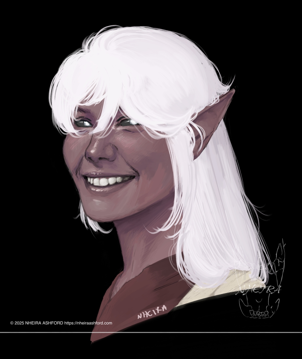 A headshot of a drow character with long off-white hair and pinkish-purple hued skin. She has a cheerful expression, smiling with her teeth showing. Her eyes are a faded blue, dark gray almost black sclera behind them. Her visible clothing consists of a sleeveless reddish top, her left ( visible ) arm wrapped in bandages.