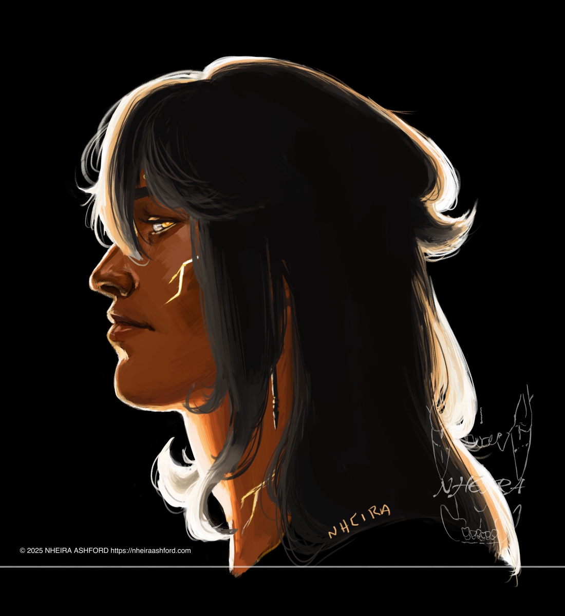 A side profile headshot of a character with long dark brownish-gray hair. He has lightning bolt-like marks on his cheeks and forehead and amber/orange/yellow colored eyes. His skin is a deep, rich caramel color; a soft brown with warm undertones. He has one visible piercing and that is in his earlobe. In this portrait, he's looking towards the viewer. The background is black and he is lit in bright but warm rim lighting.