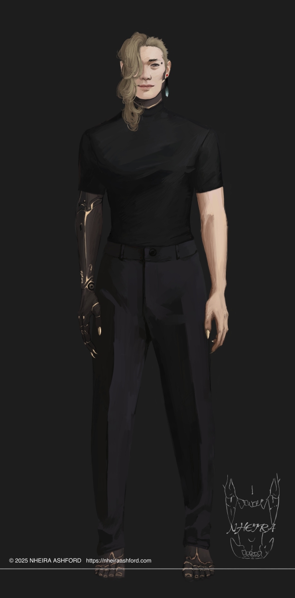 A fullbody portrait of a cyborg. This character has ashy blonde hair thats half shaven off and one lilac colored eye ( the other is sealed shut permanently ). In this image he's standing in a black shirt and trousers.
