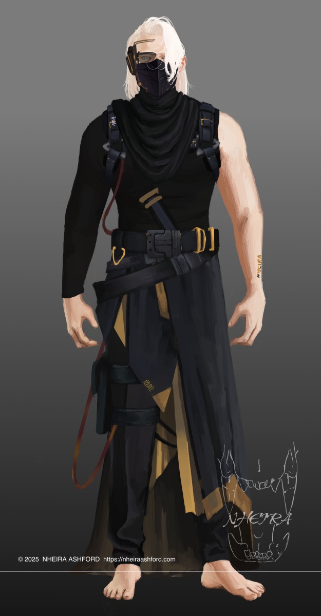 A full body portrait of an android character that is wearing various belts, straps and large pieces of fabrics that have almost geometric designs and gold accents. He wears long pants and a mock turtleneck style shirt that has one sleeve missing up to the shoulder. In this image, on his face, he's wearing the half mask and monocle.
