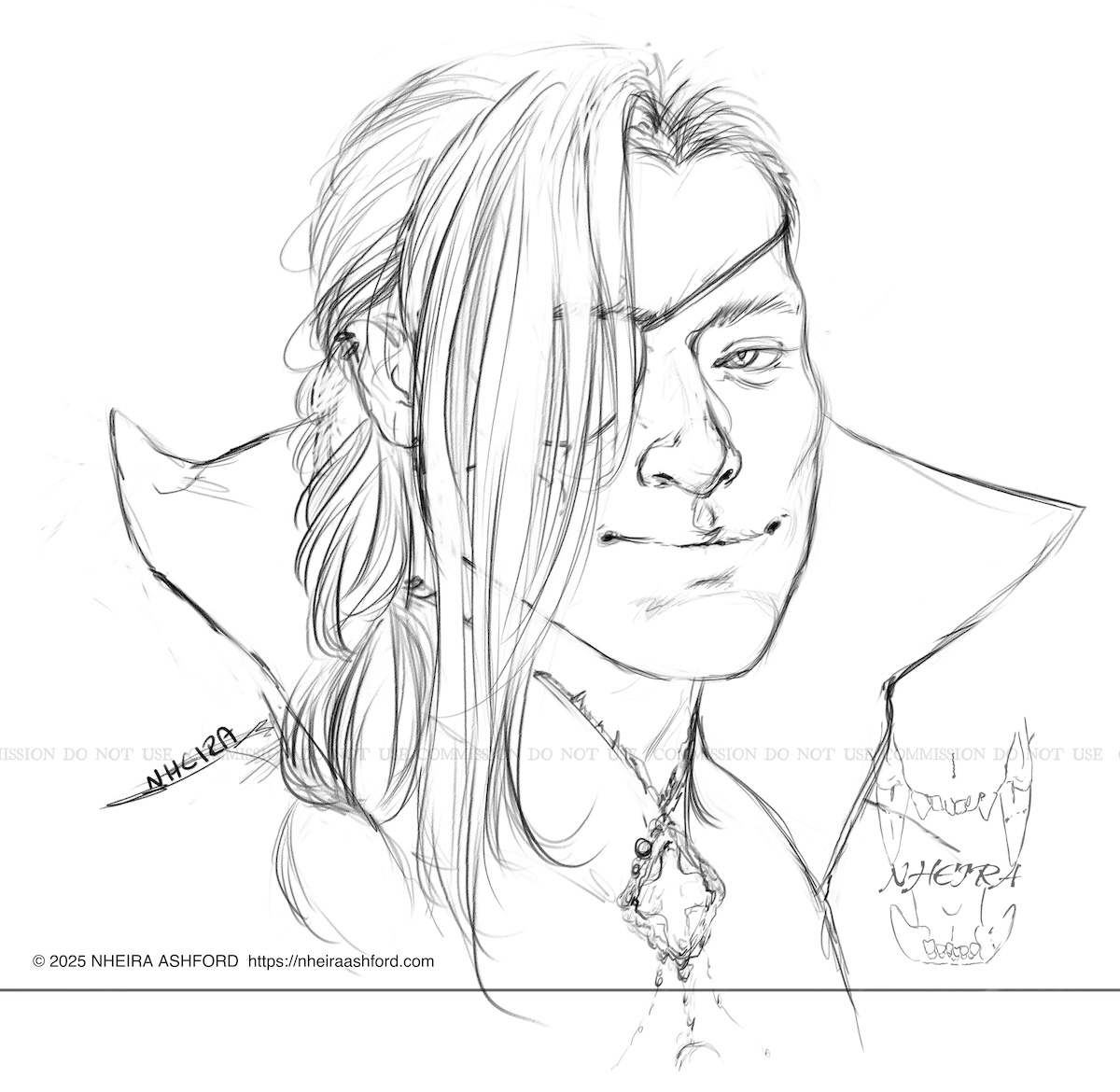 A refined headshot sketch of a character staring at the viewer with one visible eye. He's wearing an eyepatch over the other. The rest of his hair is loosely braided and hangs down one side of his head. As for what can be seen of his clothes, he dons a high necked shirt and cloak over that. Attached to his neck is an ornate brooch.