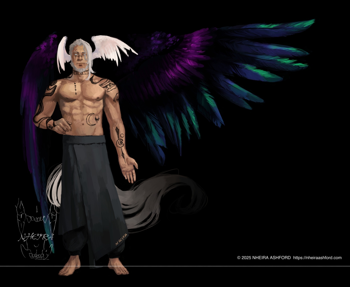 A fullbody drawing of a winged man with white wings in place of ears. He has another set of larger wings attached to his back. He is shirtless and is barefoot. He has multiple tattoos, moons, a wolf head, roman numerals and something that looks like a musical tune. On his abdomen, he has two strange jagged streaks. On his right lower arm, he has a barcode.