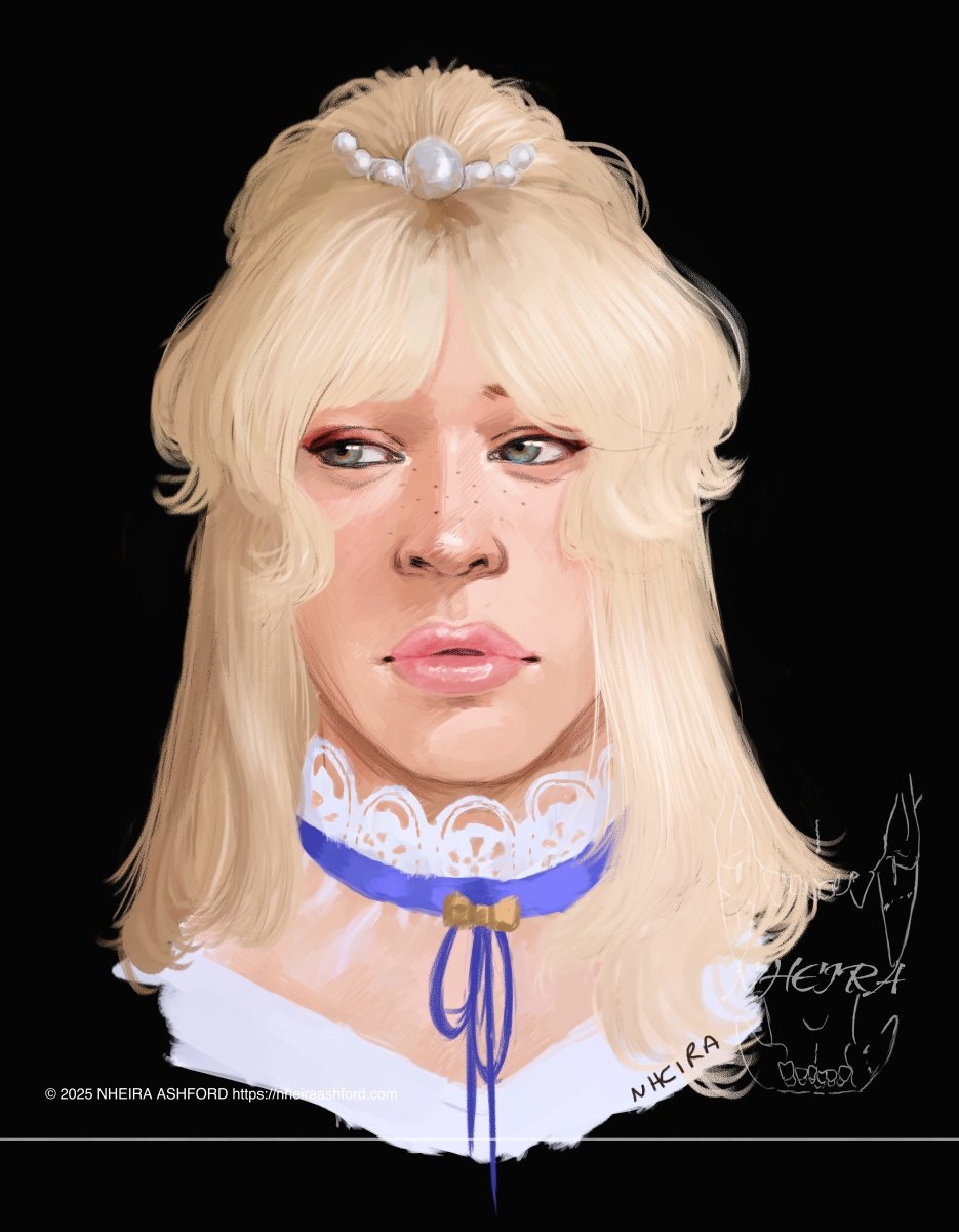 A portrait of a blonde girl wearing a lace collared top. She has blue eyes and is wearing a peachy colored lipgloss. In her hair is a pearl pin, consisting of five pearls total; four small, a large one in the center.