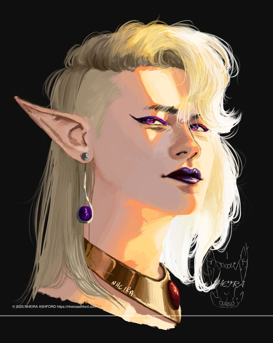 A portrait of a blonde haired man that has a small section of his hair shaved off. He wears dark purple iridescent lipstick with matching eyemakeup. His jewelry consists a solid gold collar and silver earrings. Both have gem centerpieces. He is lit in high dramatic golden hour lighting, which illuminates his hair and makes it appear almost transparent in some sections.