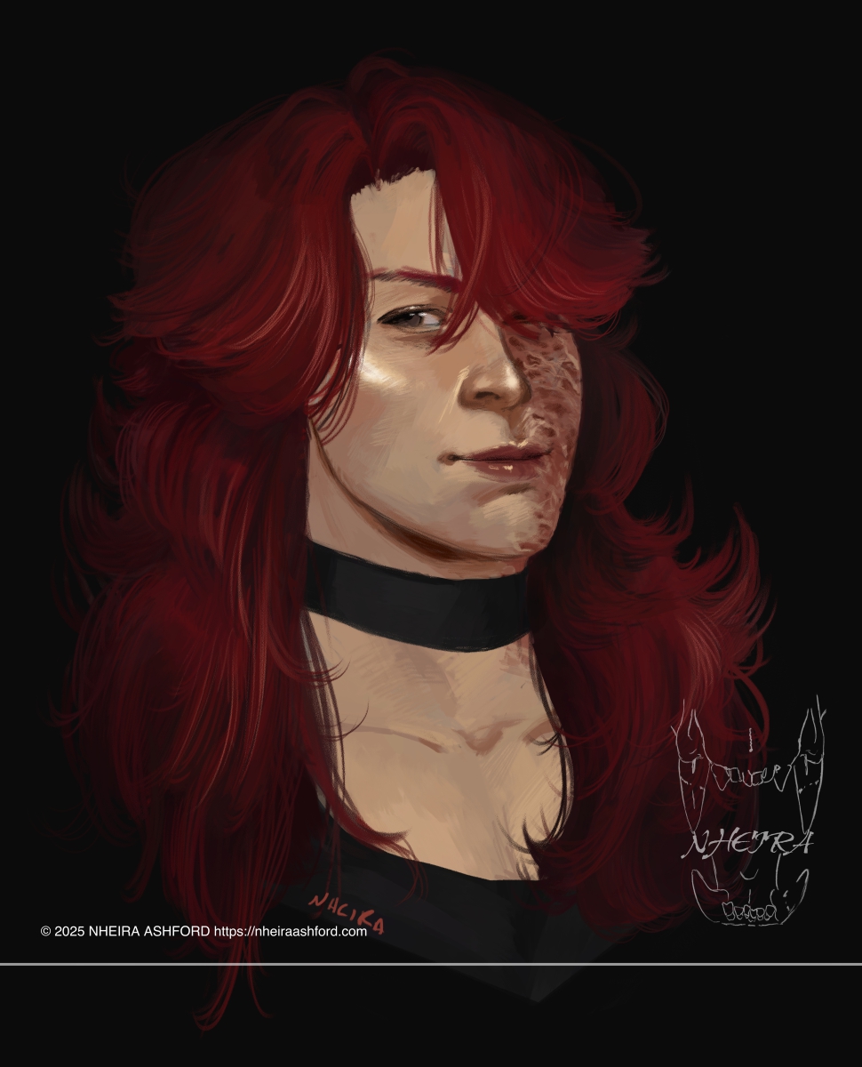 A portrait of a redheaded woman. Her hair is long and voluminous, covering her ears and part of her face. The left side ( viewer's right side ) of her face has scarring on it, but is only partly visible due to her position.