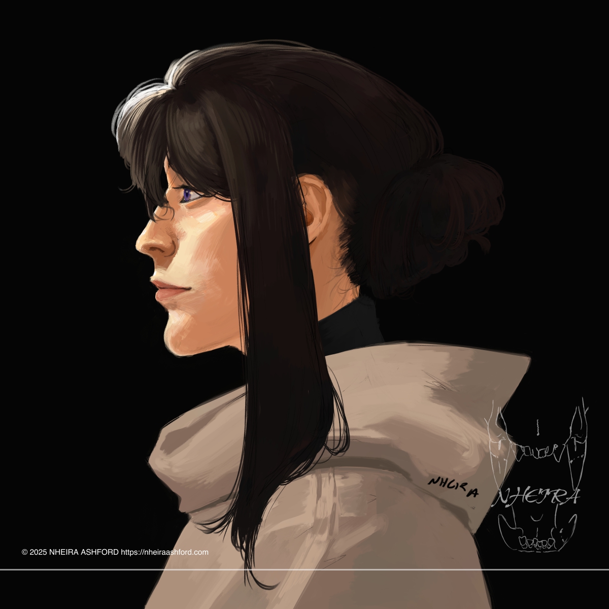 A headshot portrait of a woman who is facing to the viewer's left in a side profile framing. Her hair is tied up in the back and a long lock falls down along the side of her face. She wears a tan cloak, underneath that a black turtleneck style shirt. Her eyes are purple and her hair is a deep brown color.